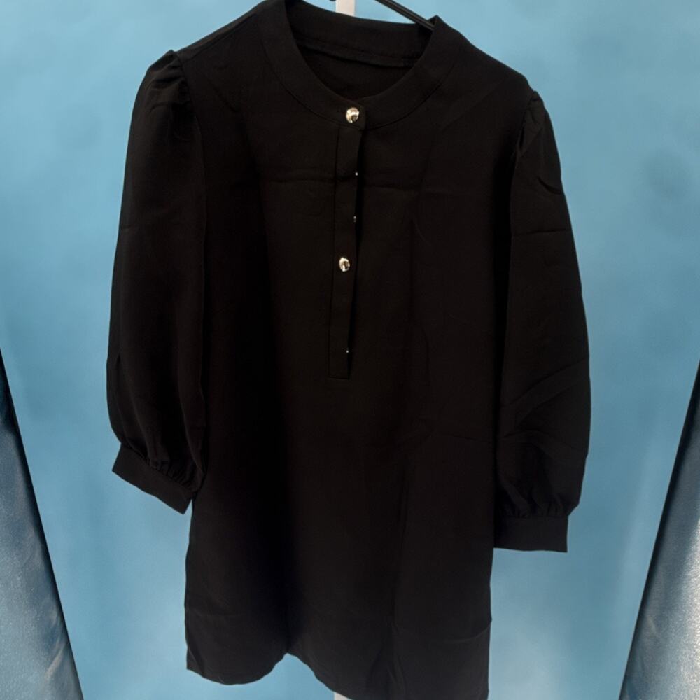 Women's Black 3/4 Sleeve Button Front Tunic Blouse Henley Neck G3P760 Size L